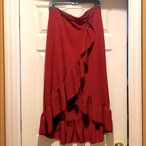 Maroon ruffle front midi skirt